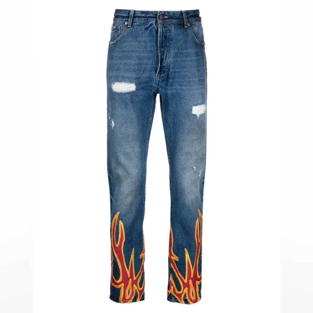Palm Angels BURNING FLAMES REGULAR DENIM PANTS